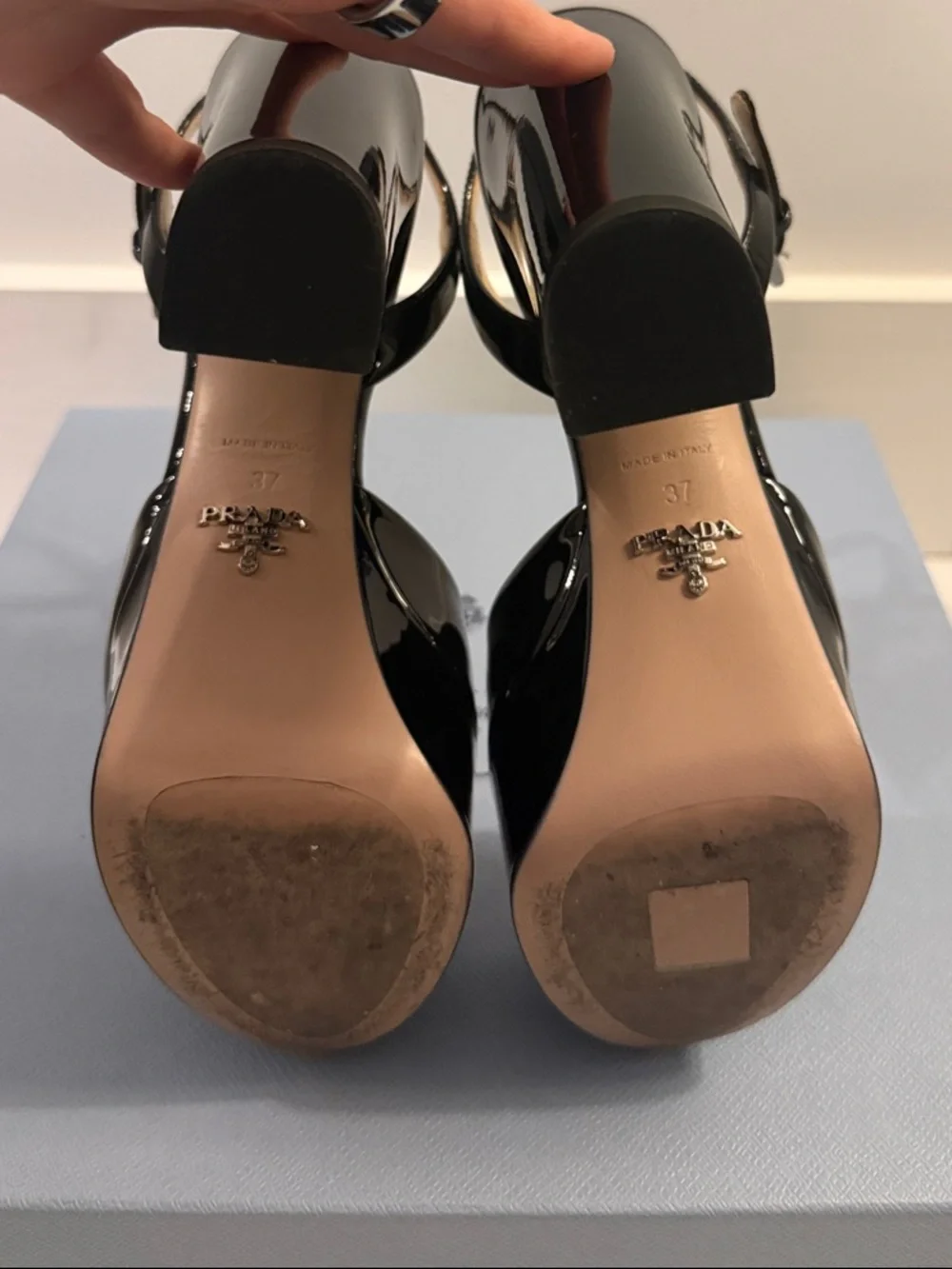 Prada Black Patent Platform Sandal Heels with Ankle Strap
